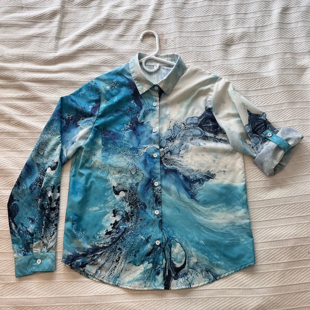 Unisex Blue Marble Water Swirls surf Splash Adjustable Sleeve Shirt - Picture 3 of 8